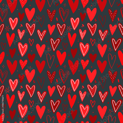 Red hearts, graphic illustration, seamless texture, gift wrapping paper, February 14th card.