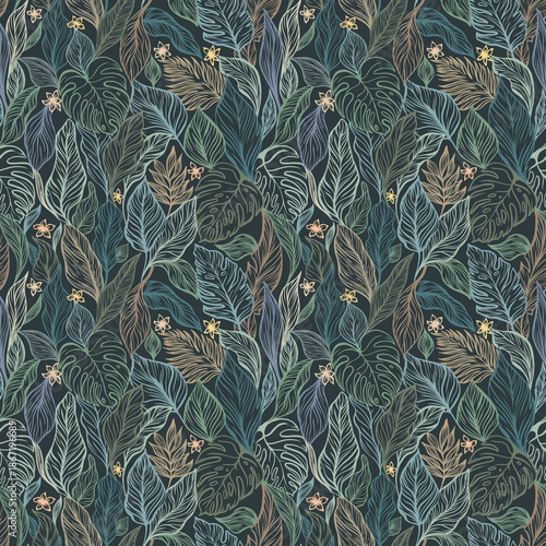 A seamless tropical pattern with a variety of tropical leaves. The foliage includes banana and monstera leaves. Botanical wallpaper.