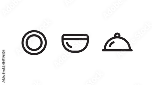 Simple Line Icons of Dinnerware and Serving Dish in Minimalist Style with Black Color on White Background for Web Design