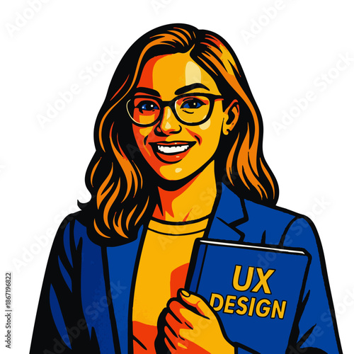 smiling woman in glasses holding a UX Design book, representing creativity and digital design expertise. Generative ai vector colorful pop art illustration.