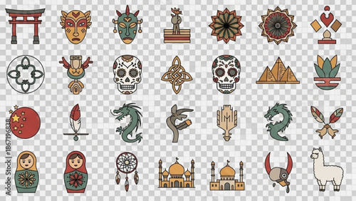 Collection of 30 vibrant illustrated symbols and icons including skulls dreamcatchers dragons and cultural motifs on transparent background for design