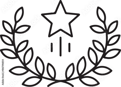 Black outline star with laurel wreath and upward motion lines leaves victory