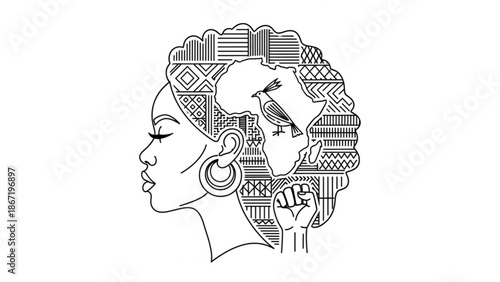 Black and white illustration of a woman profile with patterned hair and a raised fist and a bird in her hair with empowerment and feminine and stylized