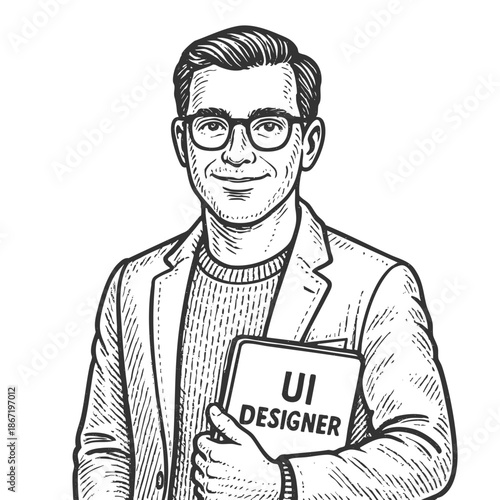male UI designer in glasses, holding tablet labeled UI Designer, symbolizing tech and creativity sketch engraving generative ai fictional character vector illustration. Scratch board. Black and white.