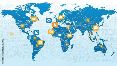 Global communication network world map illustration with messaging icons and connectivity lines with digital and online and technology and globalization