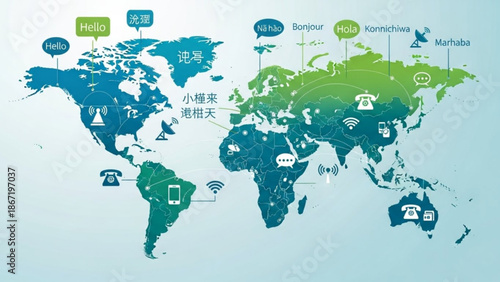 Global communication network world map infographic with greeting messages and digital devices with connectivity and technology and multilingual