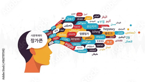 Multilingual communication concept with colorful speech bubbles emerging from a persons head illustrating language diversity and global understanding