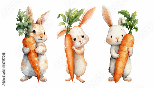 Adorable bunny collection featuring watercolor rabbits with carrots. Perfect Easter clipart set for spring designs, baby shower invitations, and kids' artwork.