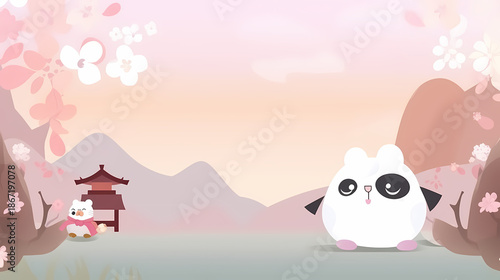A funny cartoon illustration of a baby bear and rabbit playing in a summer landscape with a pink heart, farm animals, and sheep under a sunny sky