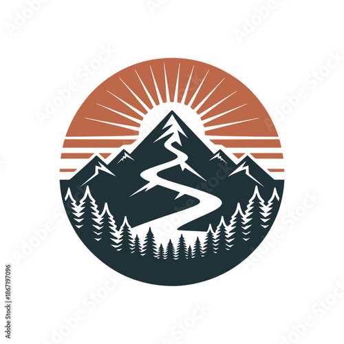 Mountain sunset with winding path and forest