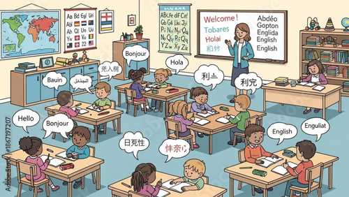 Diverse students learning english in a colorful classroom with a teacher and various language greetings on display with language learning and education