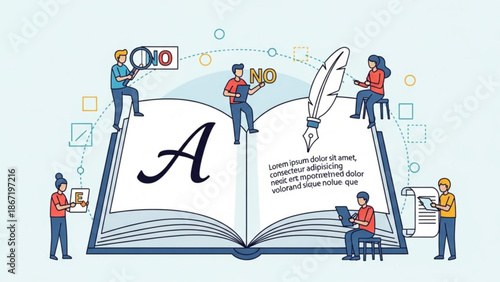 Vector illustration of people working together on a giant open book with placeholder text and colorful graphics with collaboration and education