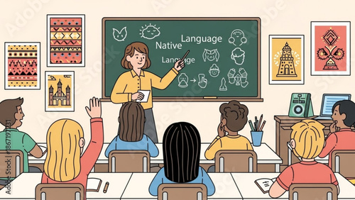 Diverse group of students learning about native language in a classroom with a teacher standing near the blackboard with education and language learning