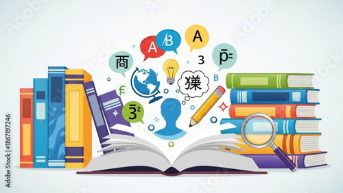 Colorful illustration of open book with educational symbols and books stacks on white background representing learning and knowledge with study