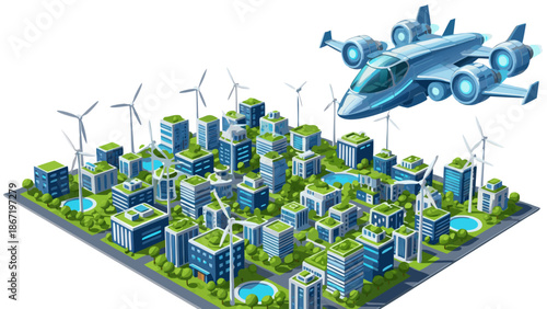 Futuristic cityscape vector illustration with flying vehicle and wind turbines, symbolizing green energy and advanced urban development