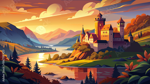 Very beautiful sunset view of Katz Castle overlooking the romantic Rhine River in Germany, surrounded by summer greenery and warm light, creating a timeless and poetic riverside landscape.