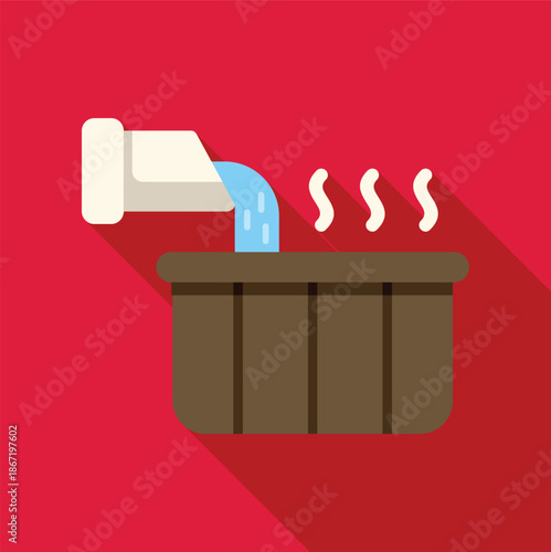 Hot water filling a wooden tub, steam rising, suggesting spa and relaxation