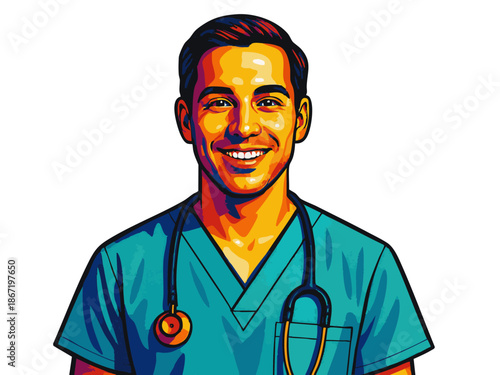 happy male nurse in scrubs with a stethoscope, symbolizing healthcare, positivity, and support. Generative ai vector colorful pop art illustration.
