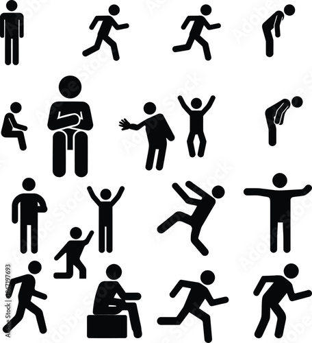 Vector fitness and sports icons set featuring black silhouette stick figure pictograms of people in running, tennis, basketball, and dance competition poses