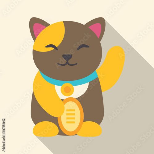 Maneki neko cat waving paw symbolizing luck and wealth in flat design style