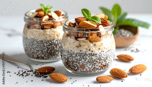 Healthy oatmeal parfaits with almonds and chia seeds for breakfast