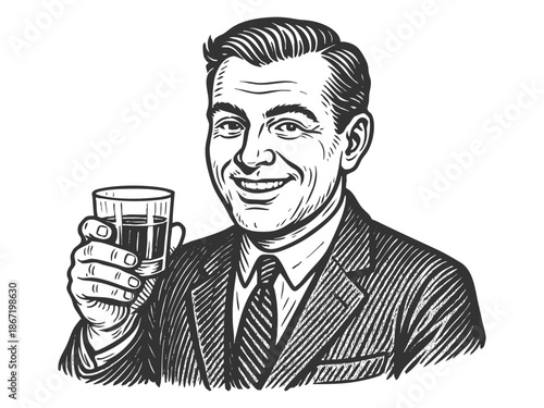 cheerful man in a suit holding a drink, drawn in a classic engraving style sketch engraving generative ai fictional character vector illustration. Scratch board imitation. Black and white image.