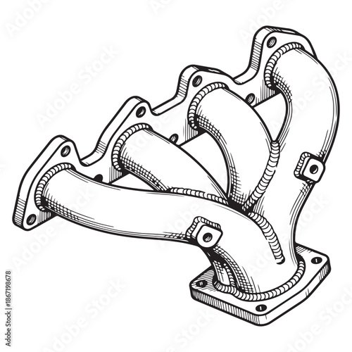 Hand-Drawn Automotive Exhaust Manifold Component