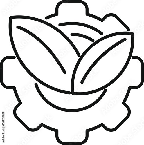 Gear device with green leaves symbolizing sustainable technology and environmental processes