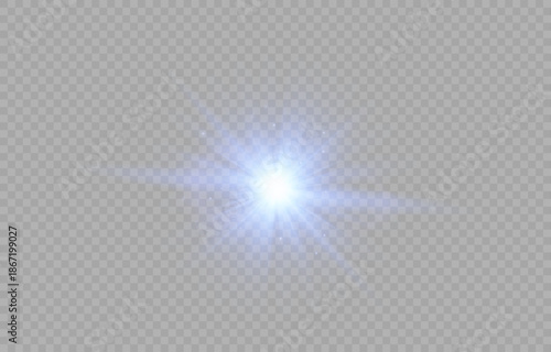 Blue glow effect, light explosion with bright rays and glare, sparkling particles on transparent background for design