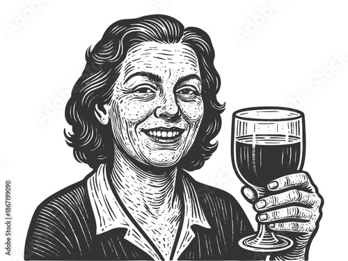 smiling woman holding a wine glass, with a confident and cheerful expression sketch engraving generative ai fictional character vector illustration. Scratch board imitation. Black and white image.
