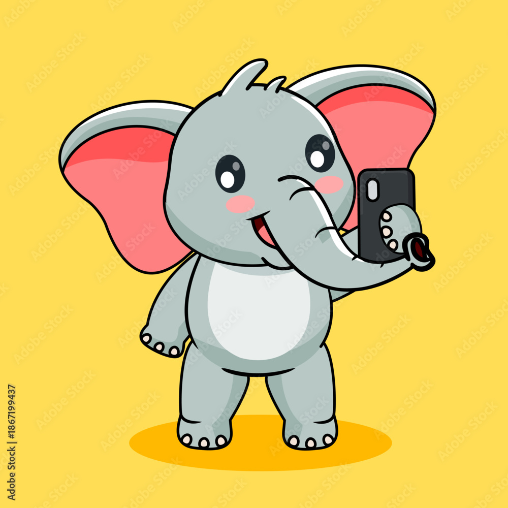 Fototapeta premium Cute Elephant Selfie Vector Illustration Cartoon Design Kawaii
