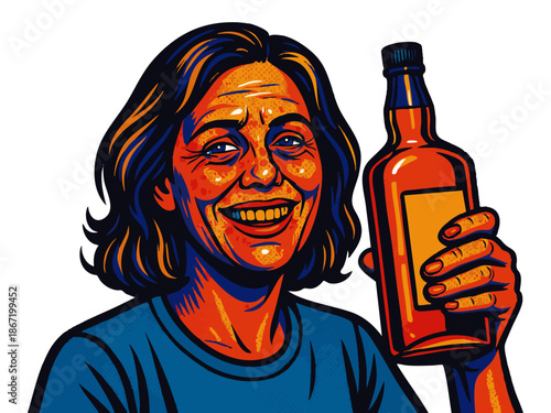hardened alcoholic with visible signs of alcohol abuse smiling while holding a alcohol in hand. Generative ai vector colorful pop art illustration.