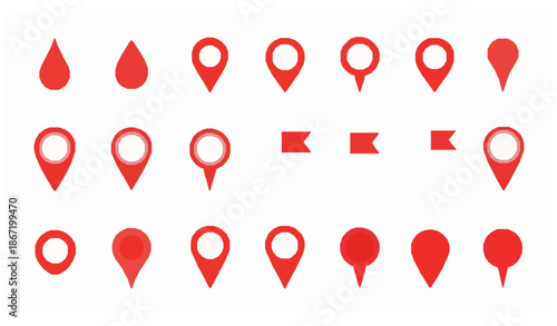 Red map marker and location pin icons vector set isolated on white