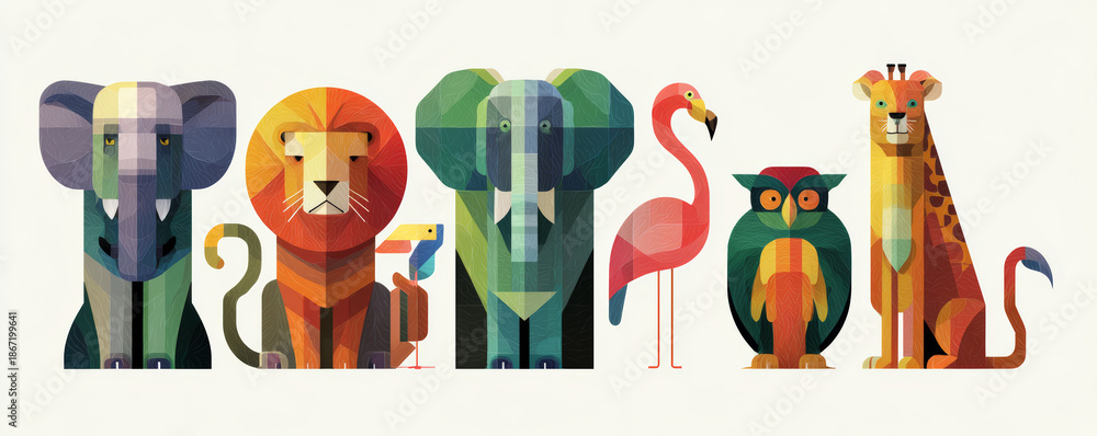 Obraz premium Colorful geometric animal illustration with elephant, lion, toucan, flamingo, owl, and giraffe in modern style