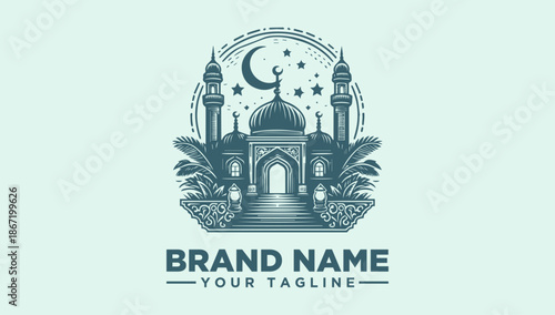 A stylized illustration of a mosque with a crescent moon and stars, surrounded by palm trees and floral patterns, with a placeholder brand name and tagline on a light green background.