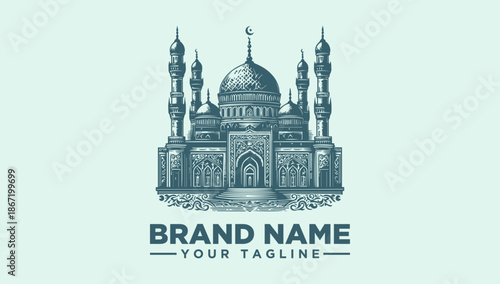 A mosque logo illustration with a brand name and tagline on a light green background, featuring a vector icon of a building with minarets and a dome.