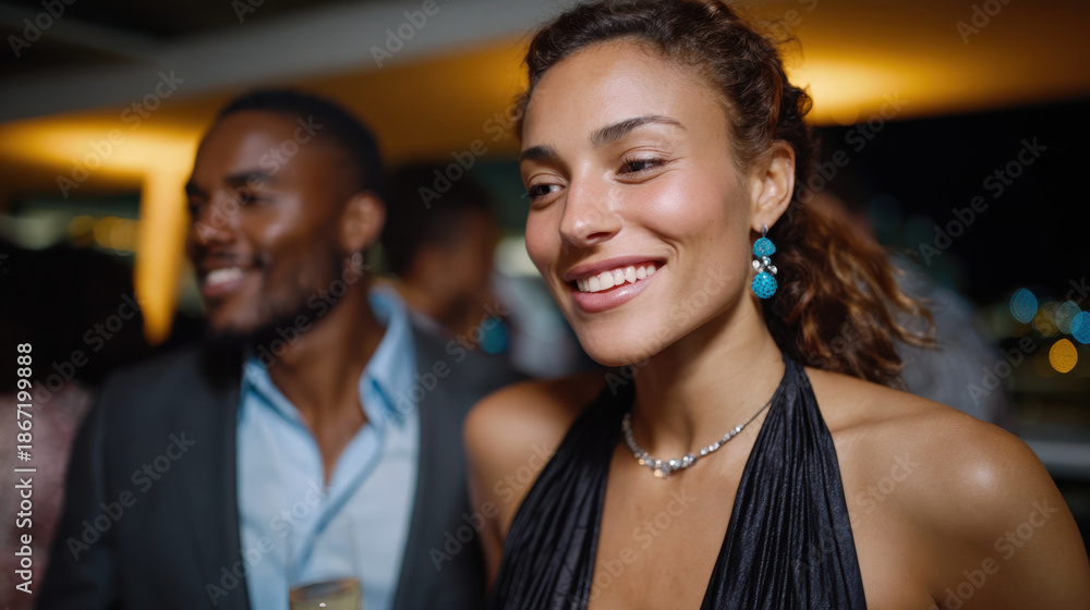 Obraz premium Two guests in stylish attire enjoy a vibrant party atmosphere, highlighting the joy of social interactions, connection, and personal style amidst a lively background.