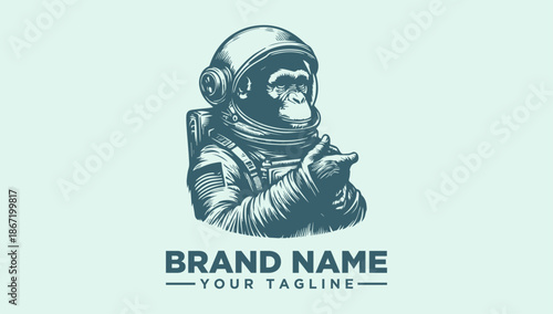 A spaceman-wearing monkey presents with thumbs up on a light teal background with a logo and vector illustration of a brand name and tagline.