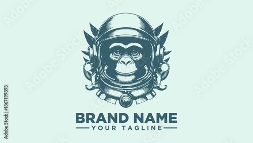 A vector illustration of a monkey's face in a helmet with floral designs and a 'BRAND NAME' text placeholder on a light green background, featuring an icon and pictogram logo.