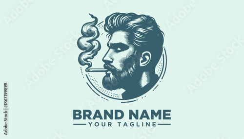 A minimalist logo design featuring a stylized illustration of a man's head with a beard smoking a cigarette, accompanied by placeholder text for a brand name and tagline on a light green