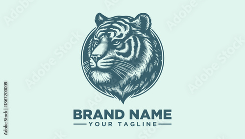 A stylized tiger head logo with a brand name and tagline on a light green background, featuring a vector illustration in a circular frame with a minimalist design.
