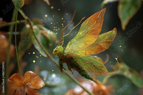 Forest angel with transparent leaf wings shaped like autumn leaves, body made of bark & creepers, luminous green spots, floating delicately above flowers, magical pollen, dreamlike atmosphere