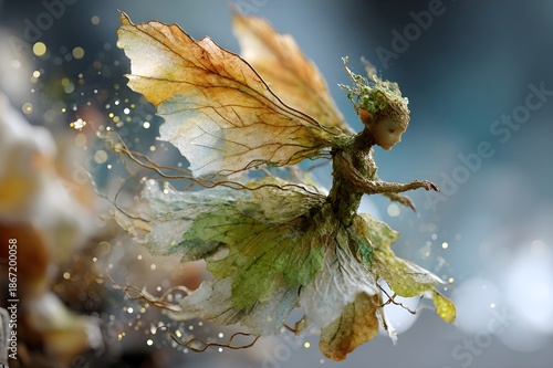 Forest angel with transparent leaf wings shaped like autumn leaves, body made of bark & creepers, luminous green spots, floating delicately above flowers, magical pollen, dreamlike atmosphere