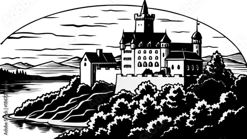 Very beautiful sunset view of Katz Castle overlooking the romantic Rhine River in Germany, surrounded by summer greenery and warm light, creating a timeless and poetic riverside landscape.