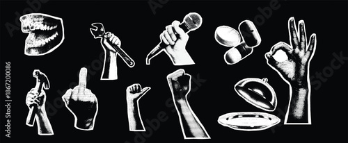 Halftone Black and White Collage of Hands, Knife, Chess Pawn, and Mask in Conceptual Symbolism