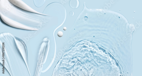 cosmetic cream smears, smooth and shiny texture, water texture ripple wave clean transparent water drops abstract blue background