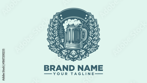 A logo illustration featuring a beer mug surrounded by wheat and hops on a light green background with a brand name and tagline placeholder.