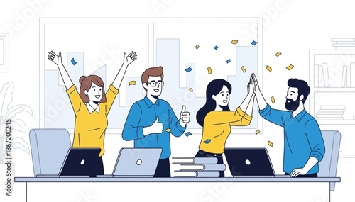 Four diverse colleagues celebrate a project triumph at their office desk with high-fives and confetti