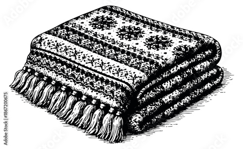 Hand drawn line art illustration of a folded blanket depicting a patterned design and tassels for home decoration