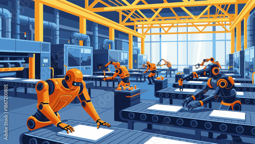 Modern factory production line with robotic arms and conveyor belts, vector illustration of automation in manufacturing